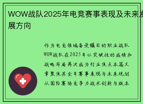 WOW战队2025年电竞赛事表现及未来发展方向