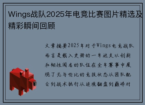 Wings战队2025年电竞比赛图片精选及精彩瞬间回顾